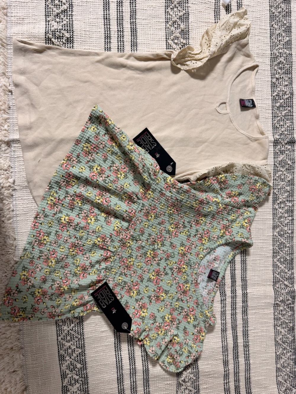 Kids Floral Mint Ruffle Top & Cream Eyelet Sleeve Tee Set